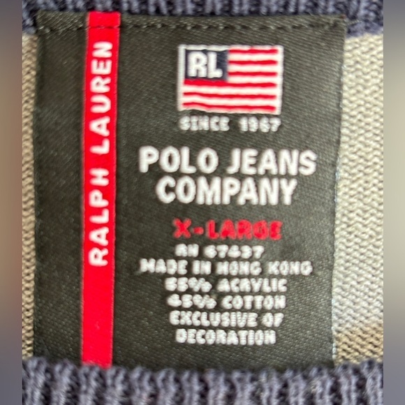 RALPH LAUREN POLO JEANS Sweater Pullover Ringer Shirt Logo Mens Large Gray Navy - Picture 11 of 11